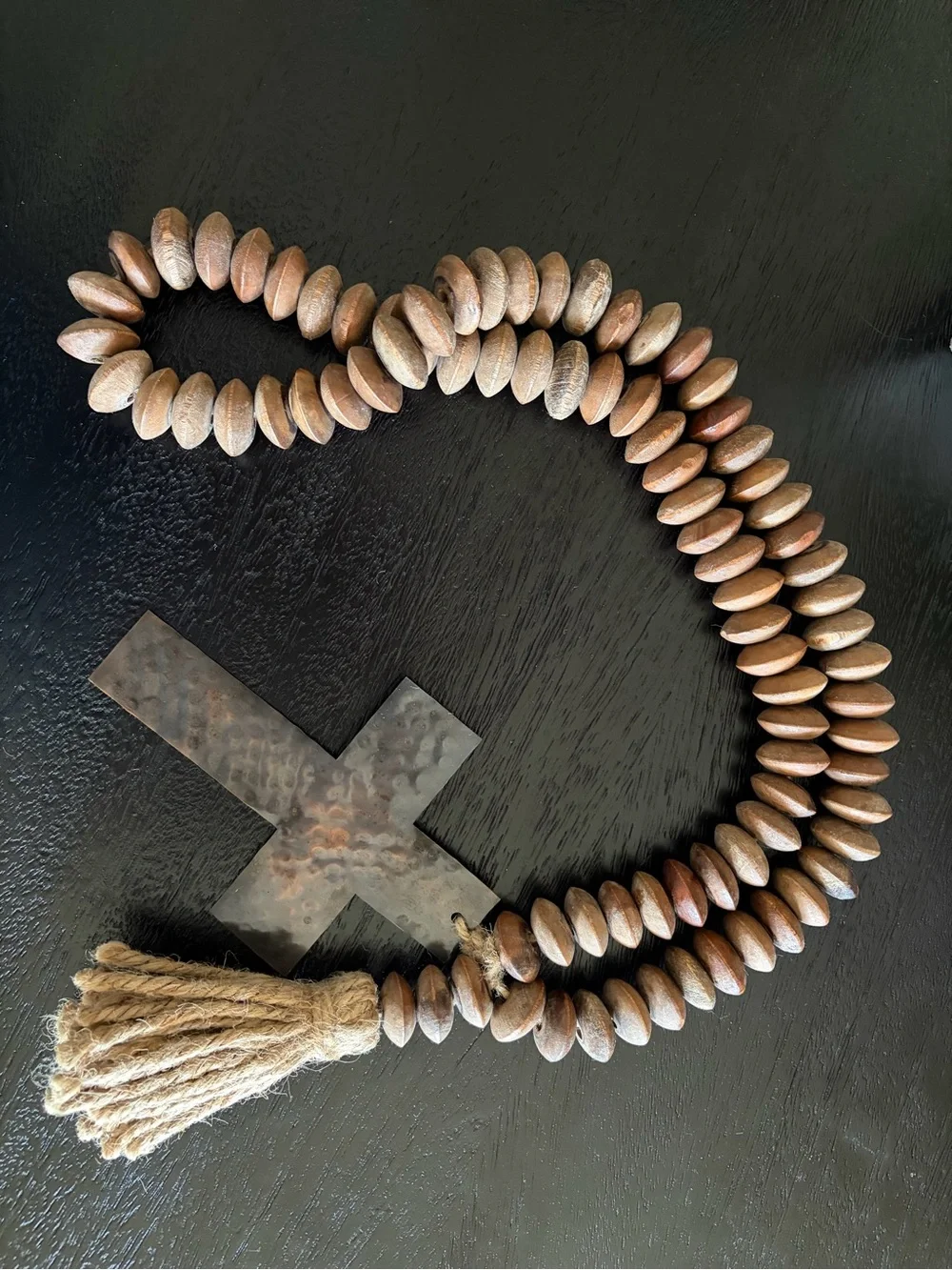 Rustic Brown Wooden Bead Cross Necklace with Natural Tassel